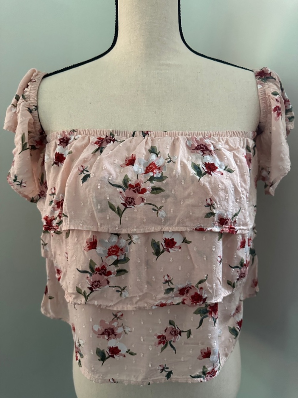 American Eagle Outfitters Blush Pink Floral Ruffle Off-Shoulder Top